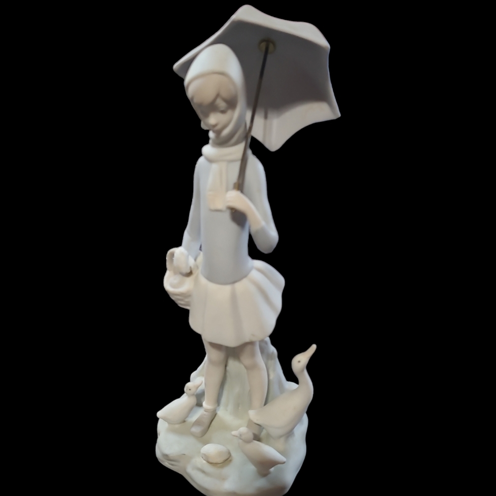 Lladro Porcelain Retired Figurine #4510 Girl with Umbrella Basket Ducks & Geese